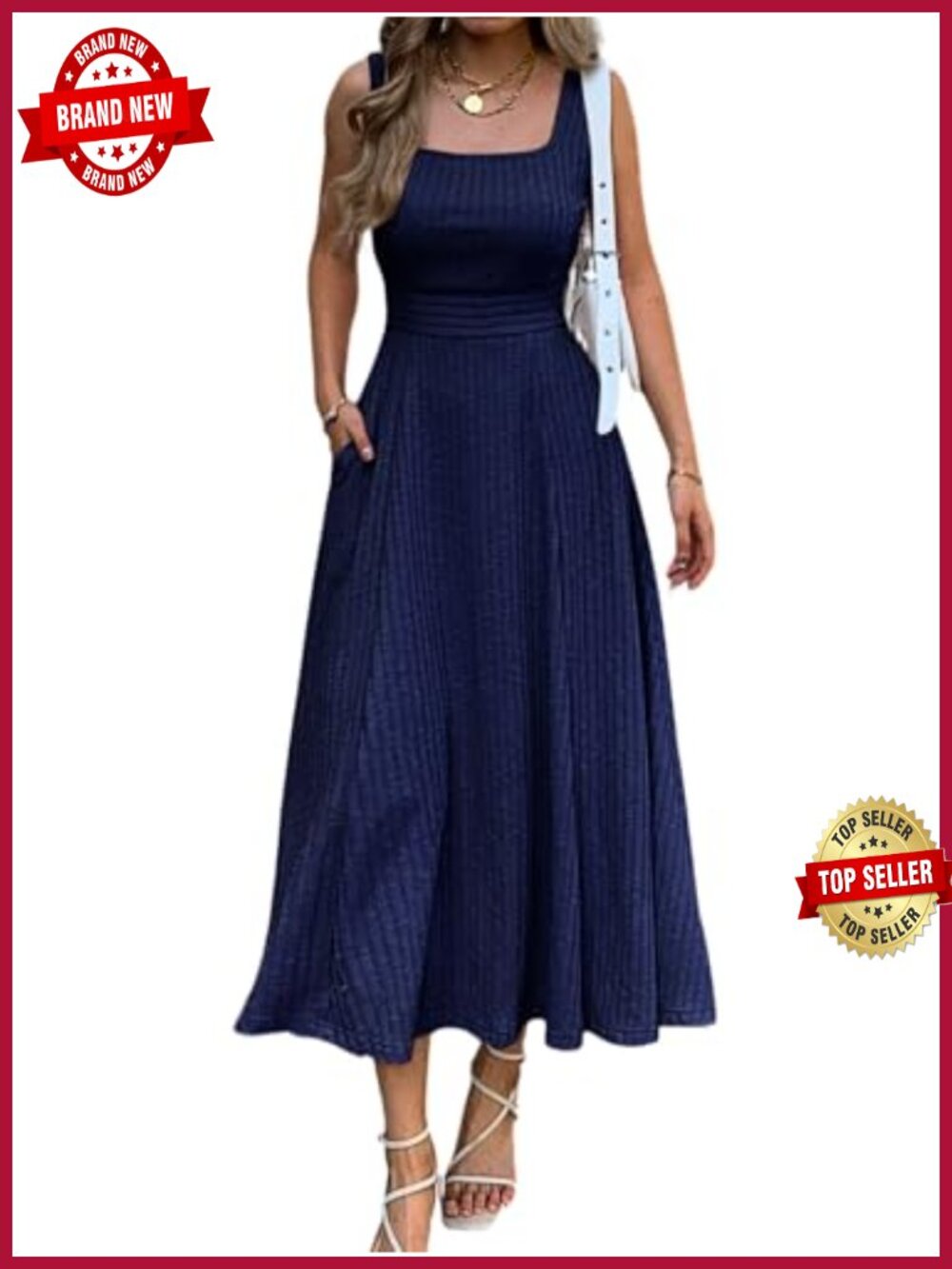 Womens Square Neck Sleeveless Maxi Dress with Pockets A-Line Flowy Boho